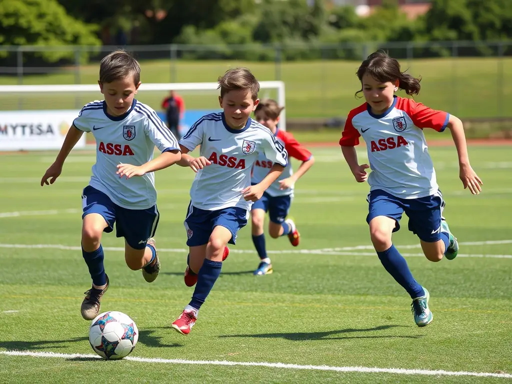 A dynamic action shot of ASSE's competitive youth team during a league match. The players are focused and determined, showcasing their skills and teamwork.
