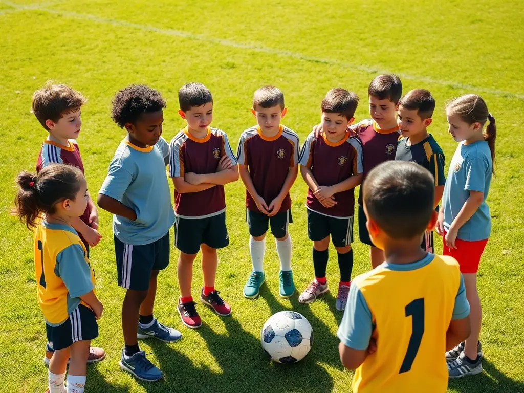 A diverse group of young athletes are gathered around an ASSE coach, listening attentively during a youth development session. The coach is demonstrating a technique, fostering a positive and inclusive learning environment.