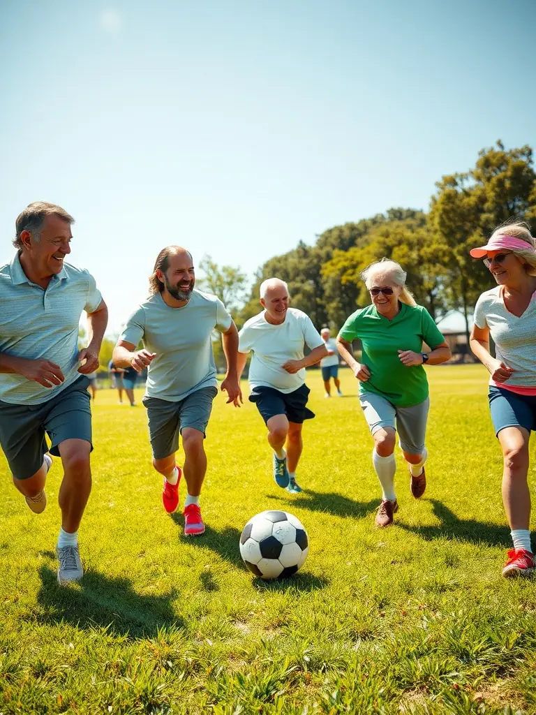 A group of senior players participating in a friendly football match, showcasing the club's commitment to lifelong participation in sports.