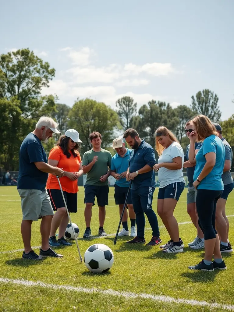 A group of volunteers and staff members of ASSOCIATION SPORTIVE SARCEAUX ESPOIR (ASSE) working together to organize a football event, emphasizing the club's community involvement and dedication.