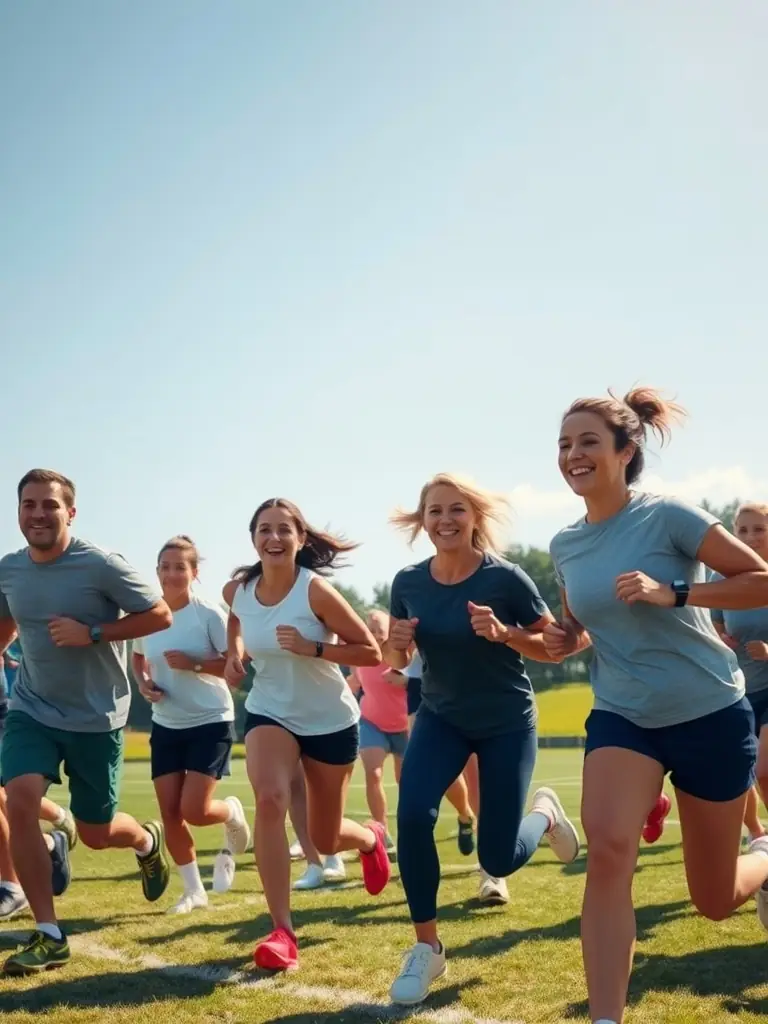 A diverse group of players, young and old, enjoying a friendly match on a sunny field, smiling and engaging in the game.