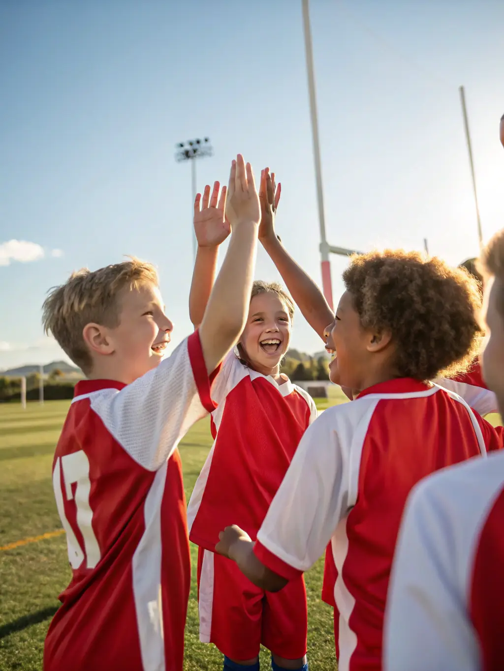A team of young athletes in uniform celebrating after scoring a goal during a match, with coaches providing guidance.