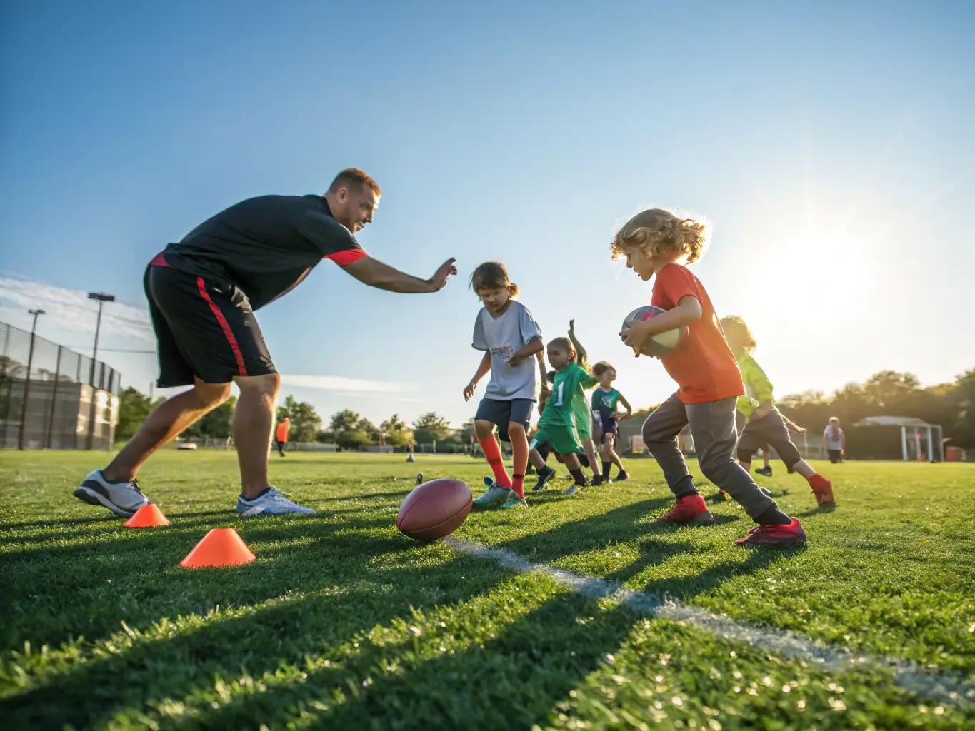 A group of young children in ASSE jerseys are enthusiastically participating in a recreational football drill on a sunny field. The coach is guiding them with a smile, emphasizing fun and teamwork.