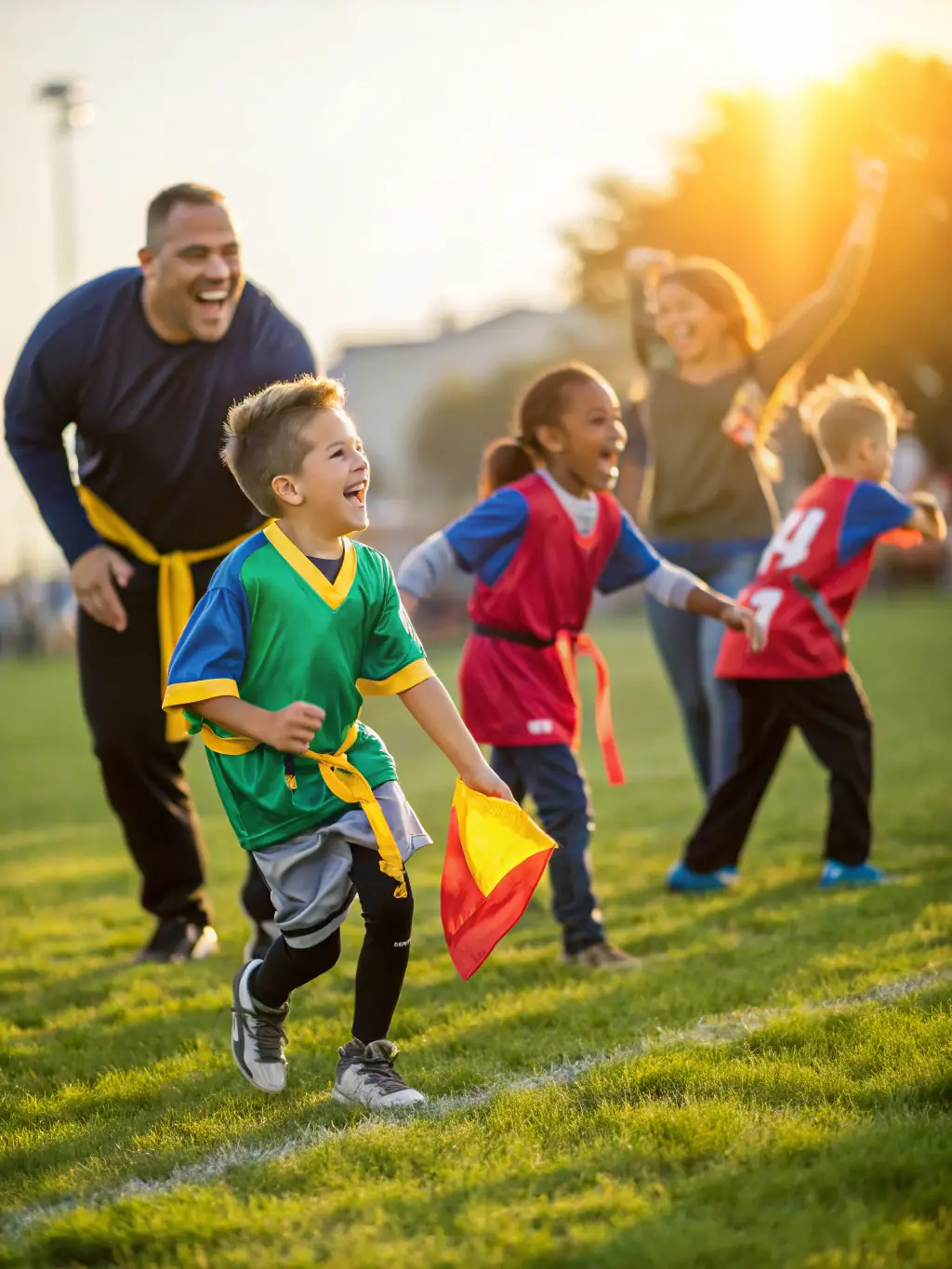 Young children participating in a coaching session, learning basic football skills with enthusiastic coaches, illustrating the youth development programs at ASSOCIATION SPORTIVE SARCEAUX ESPOIR (ASSE).