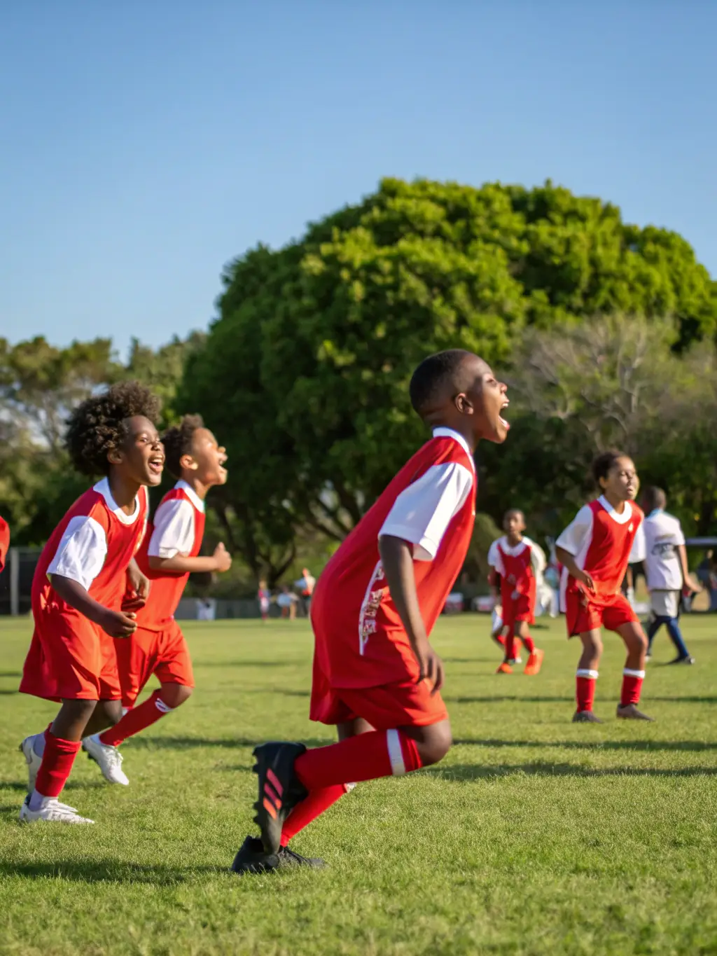 Young children participating in a coaching session, learning basic football skills with enthusiastic coaches.