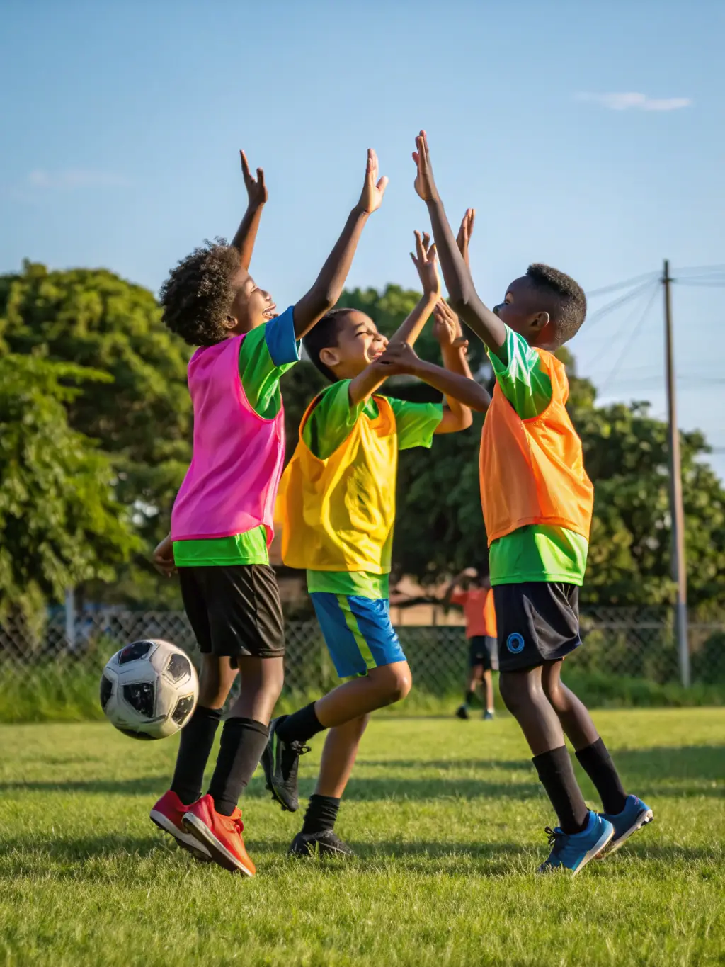 A team of young athletes in uniform celebrating after scoring a goal during a match, with coaches providing guidance, showcasing the competitive football teams of ASSOCIATION SPORTIVE SARCEAUX ESPOIR (ASSE).