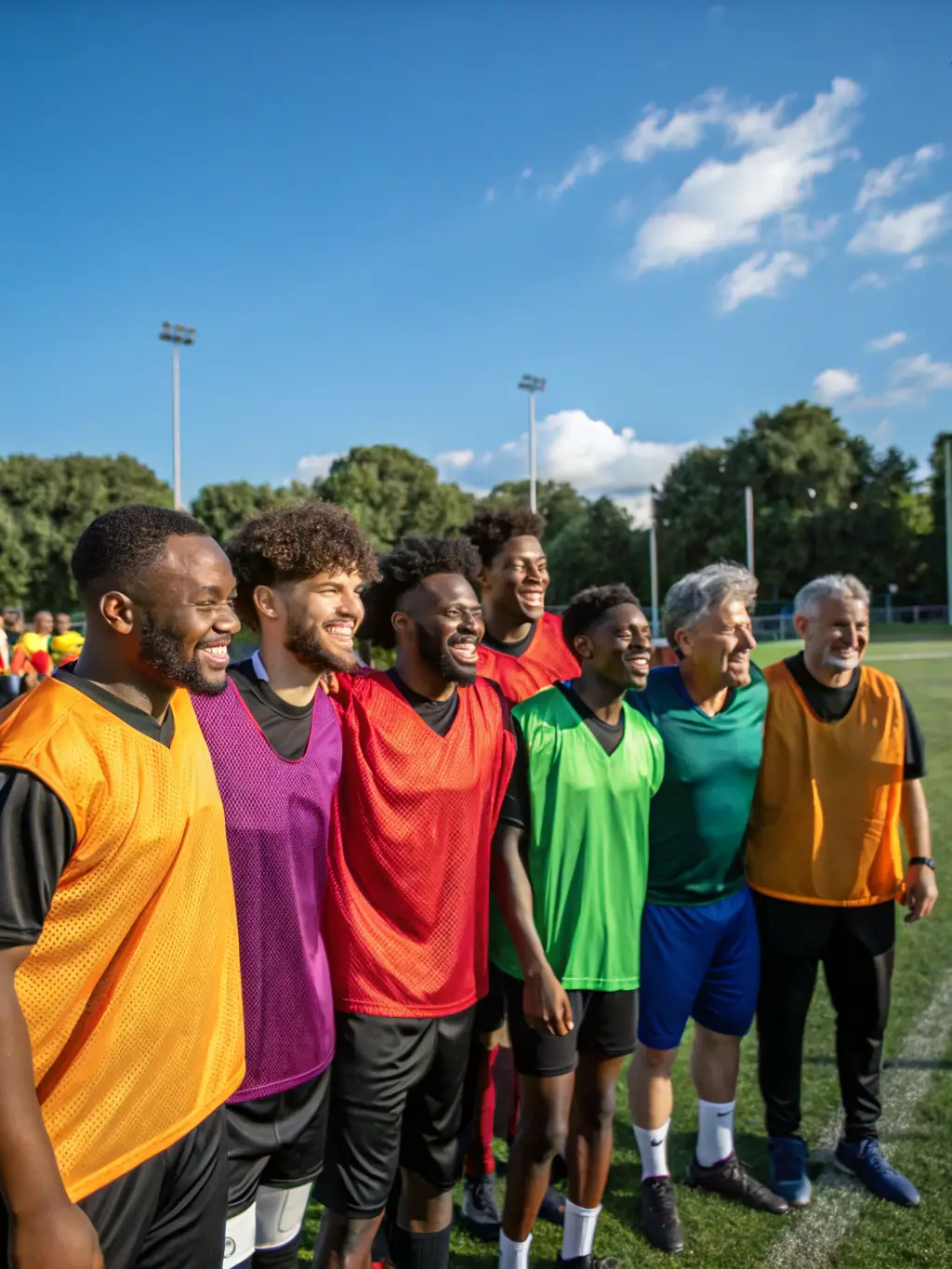A diverse group of players, young and old, enjoying a friendly match on a sunny field, smiling and engaging in the game, representing the recreational football programs offered by ASSOCIATION SPORTIVE SARCEAUX ESPOIR (ASSE).